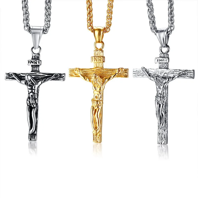 Мужские ожерелья INRI Jesus христианский крест Кулон Винтаж нержавеющая сталь с пшеничной цепочкой