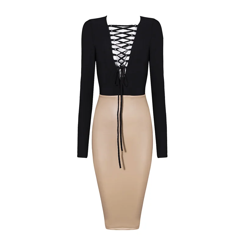 Bqueen Новинка 2017 лоскутное Бандажное платье из искусственной кожи на шнуровке