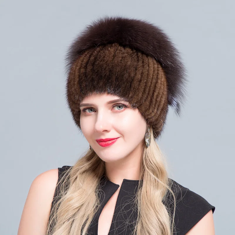 COLOR1 JERYAFUR,, шапка из натурального черного меха норки и лисы, вязаная шапка, русская Мода, меховая Лыжная шапка, зимняя женская шапка для путешествий - Цвет: COLOR1
