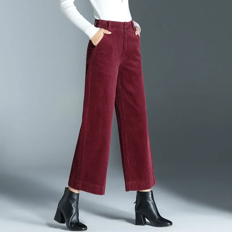 Winter Fall Fashion Women High Waisted Wine Red Purple Army Green Ankle Length Corduroy Pants , Female Woman Casual Trousers