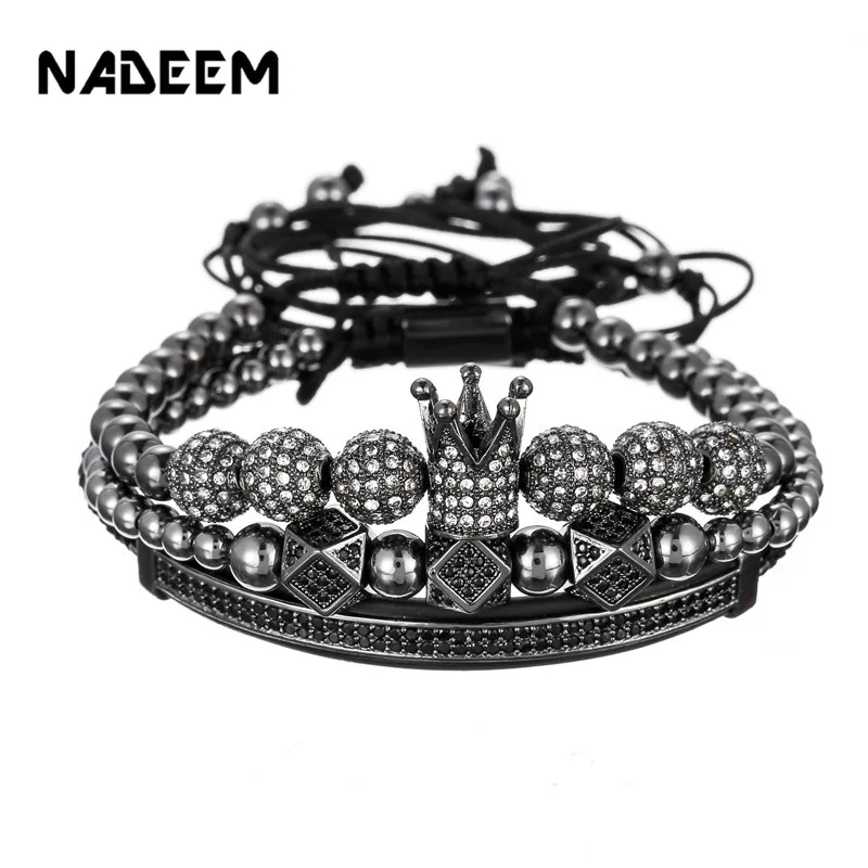 

3Pcs/Set Couple Bracelet Copper Beads Crown Moon Rhombus Lovers Bracelets for women men luxury jewelry man pulseira bileklik