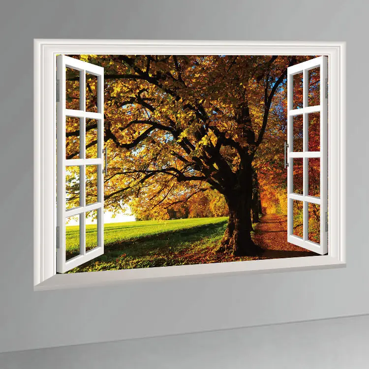 Съемные Осенние деревья 3D вид окна стикер на стены с пейзажем домашний Декор ПВХ