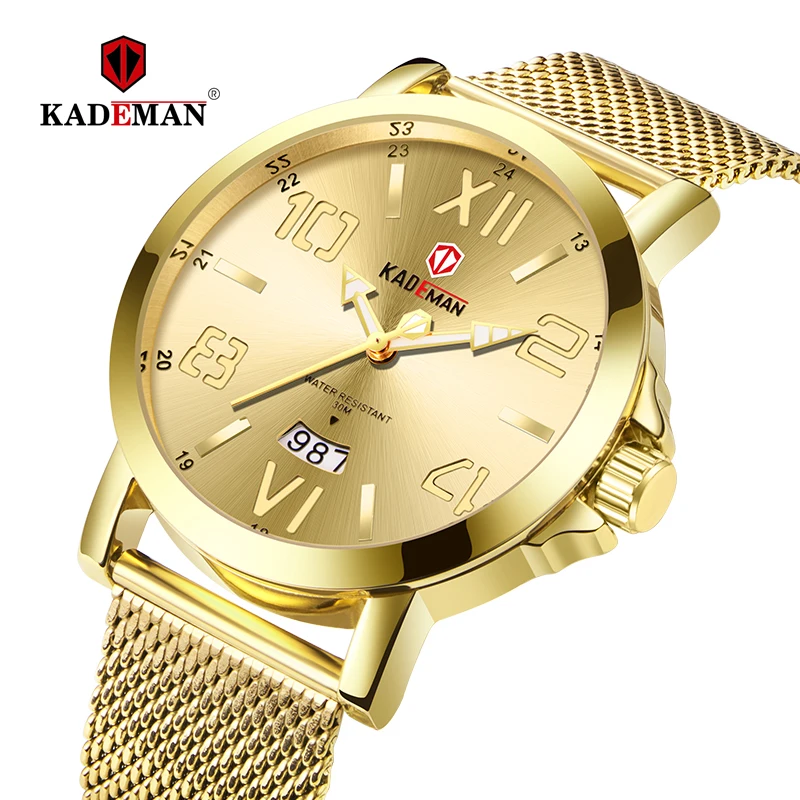 

KADEMAN Luxury Brand Gold Men's Watch Calendar Stainless Steel Quartz Business Wristwatch Waterproof Relogio Masculino