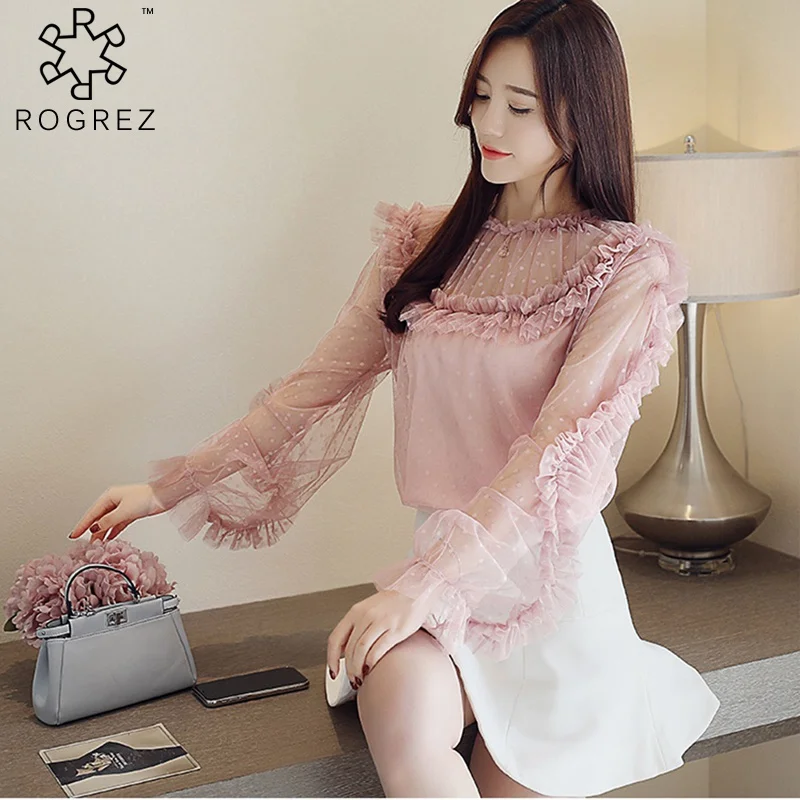 ROGREZ розовый элегантный длинный рукав фонаря шифоновые топы с круглым вырезом