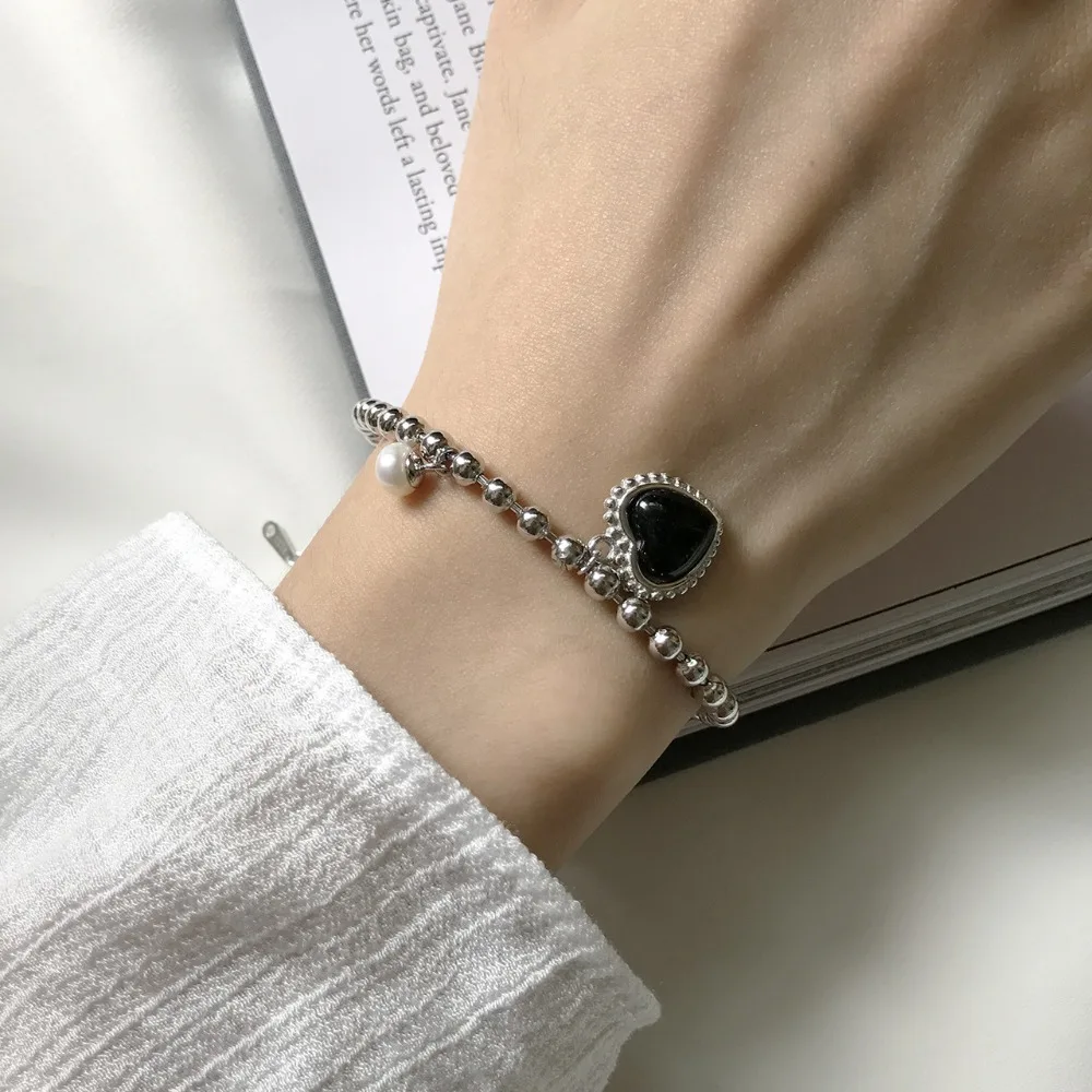 

1pc Retro Authentic 925 Sterling silver Black Agate Love Heart with Polished Lucky Round Ball Chain Bracelet XLS90