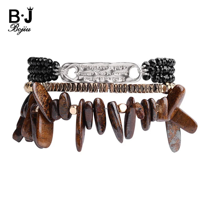 

BOJIU 3 Pcs/Set Vintage Women Bracelets Black Crystal Natural Stone Chips Gold Copper Beads Bracelets Bohemian Bracelet BCSET132