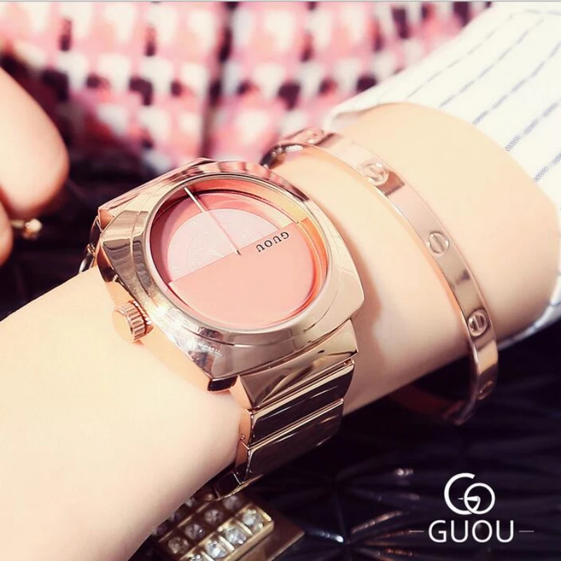 GUOU роскошные женские часы из розового золота Женские наручные нержавеющей стали