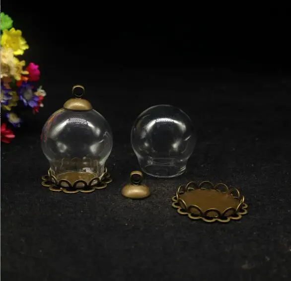 100sets/lot 20*15mm glass globe double lace tray vial pendant bottle dome cover necklace charms diy jewelry | Украшения и