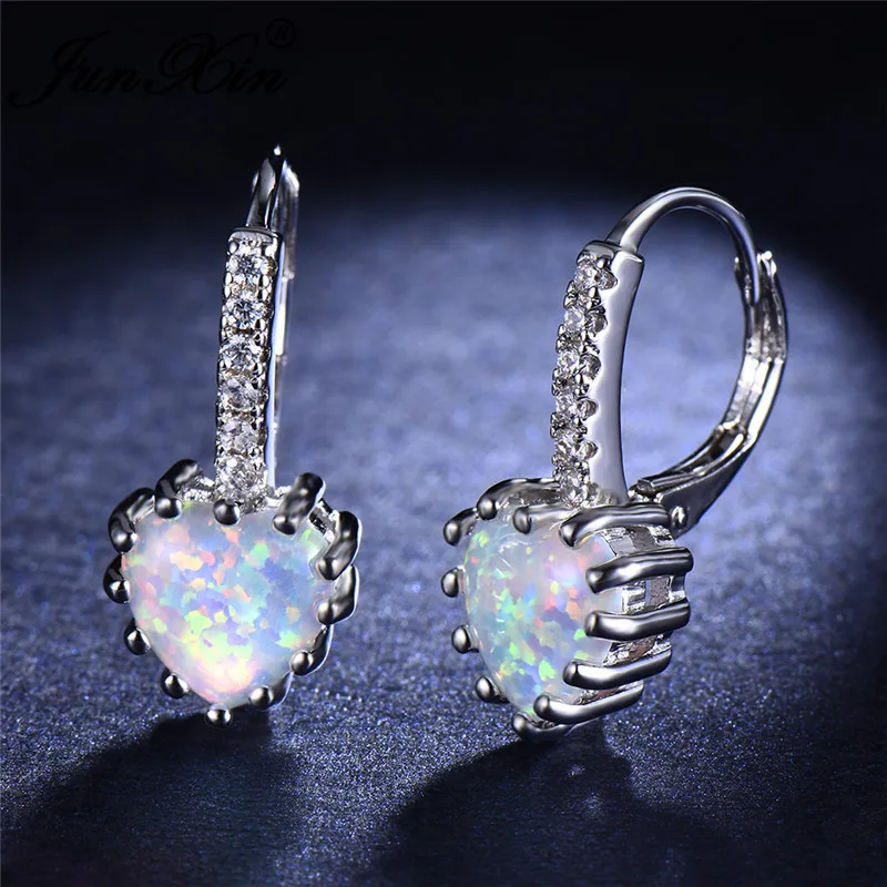 Серьги кольца JUNXIN женские с мистическим огненным камнем в форме сердца большие