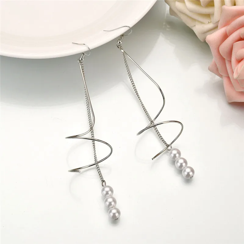 Classical Kpop Accessories Silver Gold Long Earrings Pearl Wrap Spiral Drop For Women Summer 2018 DropShipping | Украшения и