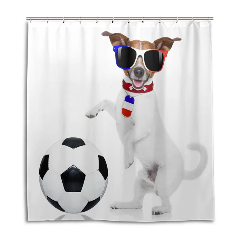 

100% Polyester Fabric Shower Curtain Waterproof Dog Playing the Soccer Bath Curtain With 12 Hooks Bathroom Decor Banheiro