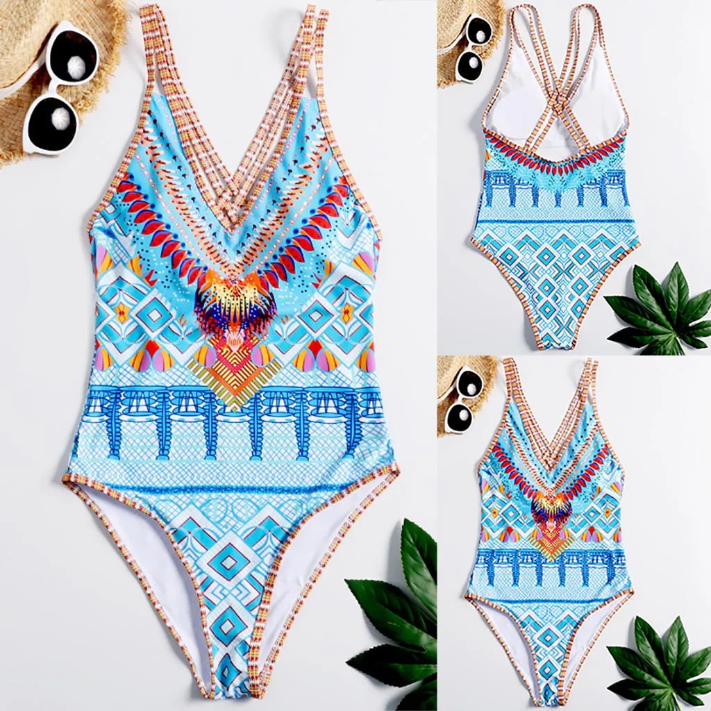 

KLV 2019 Sexy Female Retro V Neck Blue Print Swim suit One Piece Ruffled Push Up Padded High Waist Swimwear Women Monokini 5.27