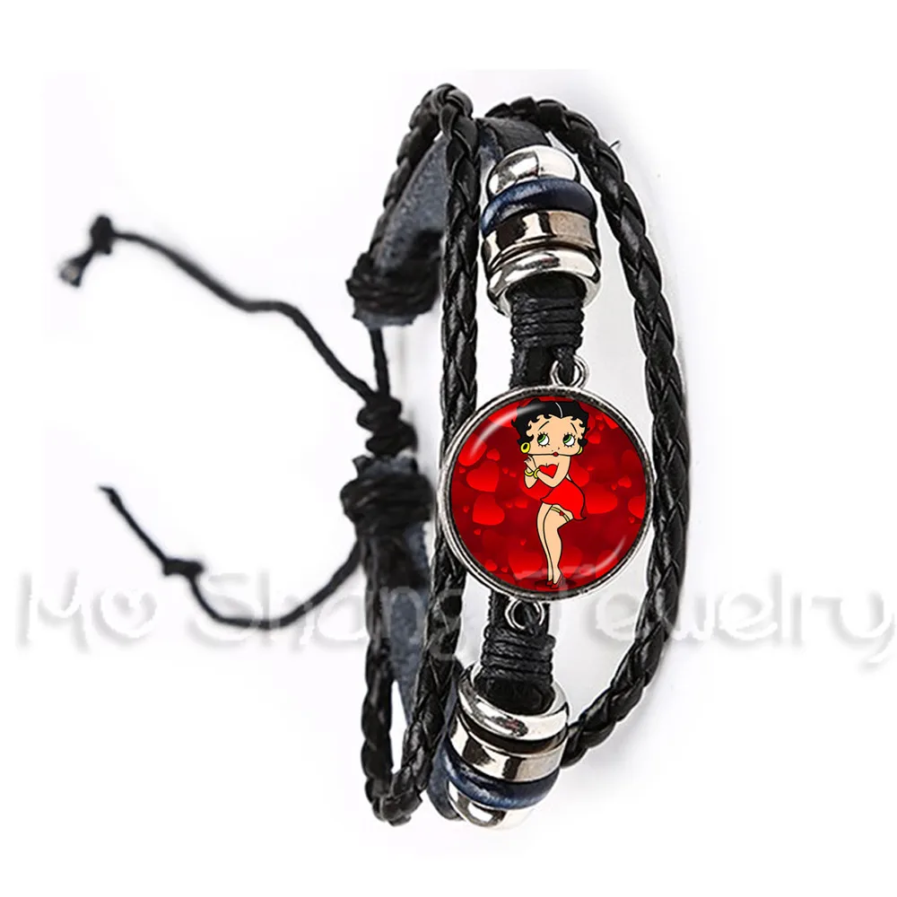 

2018 New Sexy And Lovely Betty Boop Pattern Leather Bracelet Charm Glass Dome Bracelet Handmade Jewelry For Women Men