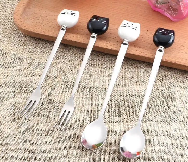 

100PCS Ceramic Cat Spoons Stainless Steel Long Stirring Spoon Ice Cream Sugar Tea Dessert Soup Coffee Spoon Tea spoons