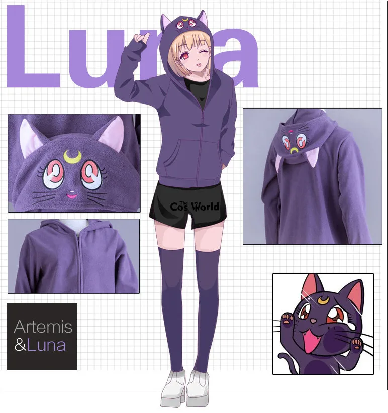 Луна Артемис худи с котом Толстовка пальто наряд Аниме косплей костюмы|anime cosplay