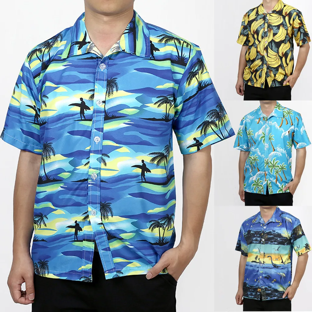 2019 новая стильная модная мужская Повседневная Кнопка Гавайи печати для пляжного