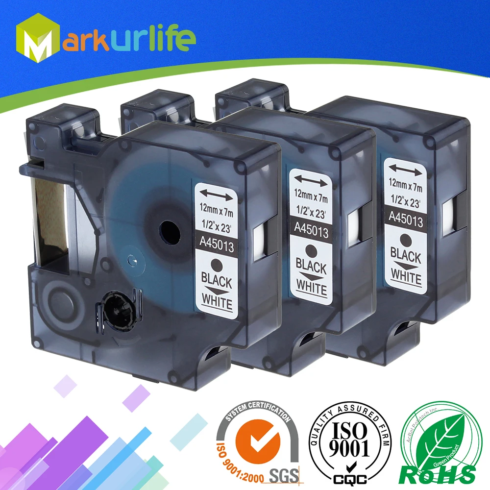 Лента для принтера DYMO D1 3 шт./лот 12 мм 45013 дюйма S0720530 черно белая Dymo LabelManager PnP 220P 7