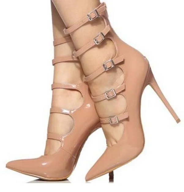 

Sexy Beige Patent Leather Pointed Toe Buckle Strap Ladies Shoes With Heels Cut-out Cage Shoes Thin Heels Wedding Shoes Bride