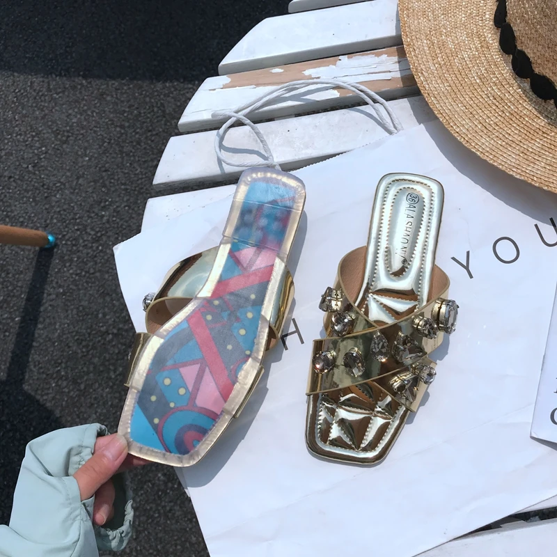 Граффити Прозрачные плоские вьетнамки женские Кристалл пляжная обувь роскошные