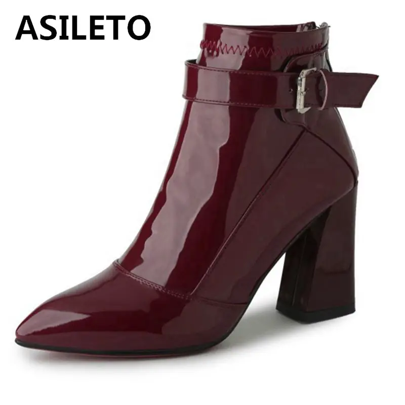 ASILETO/весенние Ботильоны на каблуке с заостренным носком и пряжкой обувь из
