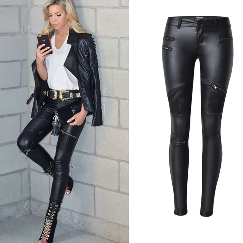 2018 Autumn/Winter Black Sexy Women Pu Leather Pants Zipper Stretch Bodycon Pleated Patchwork Punk Rock Pencil Long | Женская одежда