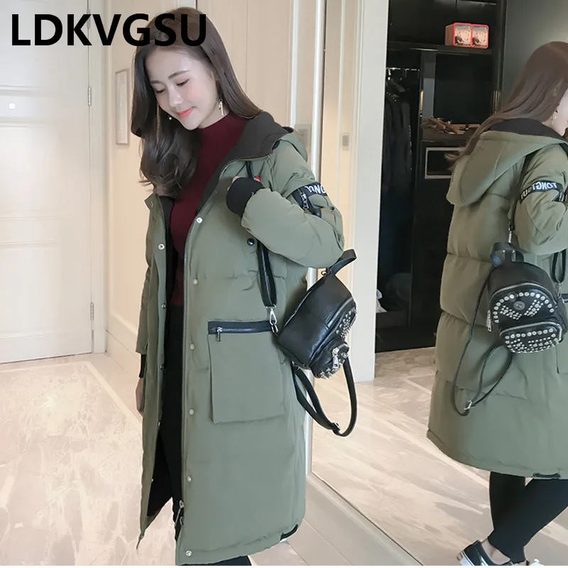 

Hot Sale Wide-Waisted Winter Coat Women Pure Color Hooded Leisure Long Parka Wadded Jackets Fashion Down Cotton Outerwear Is993
