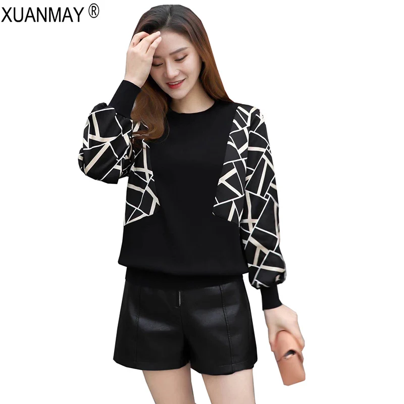 2021 Brand Design Casual Pullover Sweater Spring women lace stitching Knit Sweater Elegant leopard print Black Knitting Top