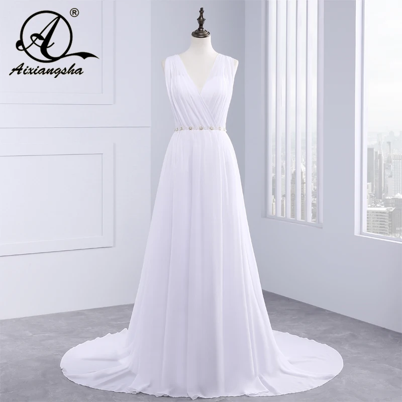 

Sexy Empire Backless V-neckline Bride Gown Spaghetti Strap Sweep Train Wedding Dresses Empire Waist Vestdo De Noiva