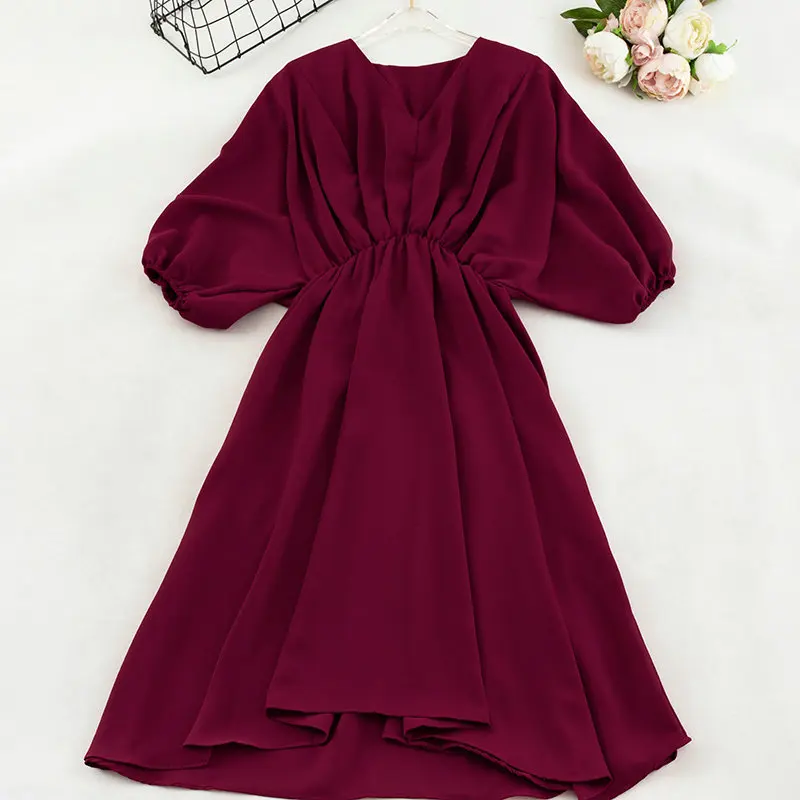 Women Dress Элегантное женское летнее платье с v-образным вырезом и рукавом-фонариком, шифоновое платье, повседневное однотонное эластичное тонкое плиссированное платье трапециевидной формы с высокой талией - Цвет: Women Dress