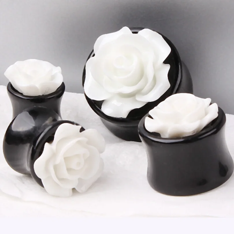 2 шт. большой размер белая роза цветок заглушка для ушей черная акриловая мякоть