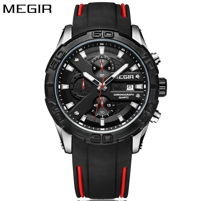 silver black MEGIR Топ бренд Роскошные спортивные часы мужские Силиконовые кварцевые часы армейские военные хронограф мужские наручные часы Мужские часы - Цвет: silver black
