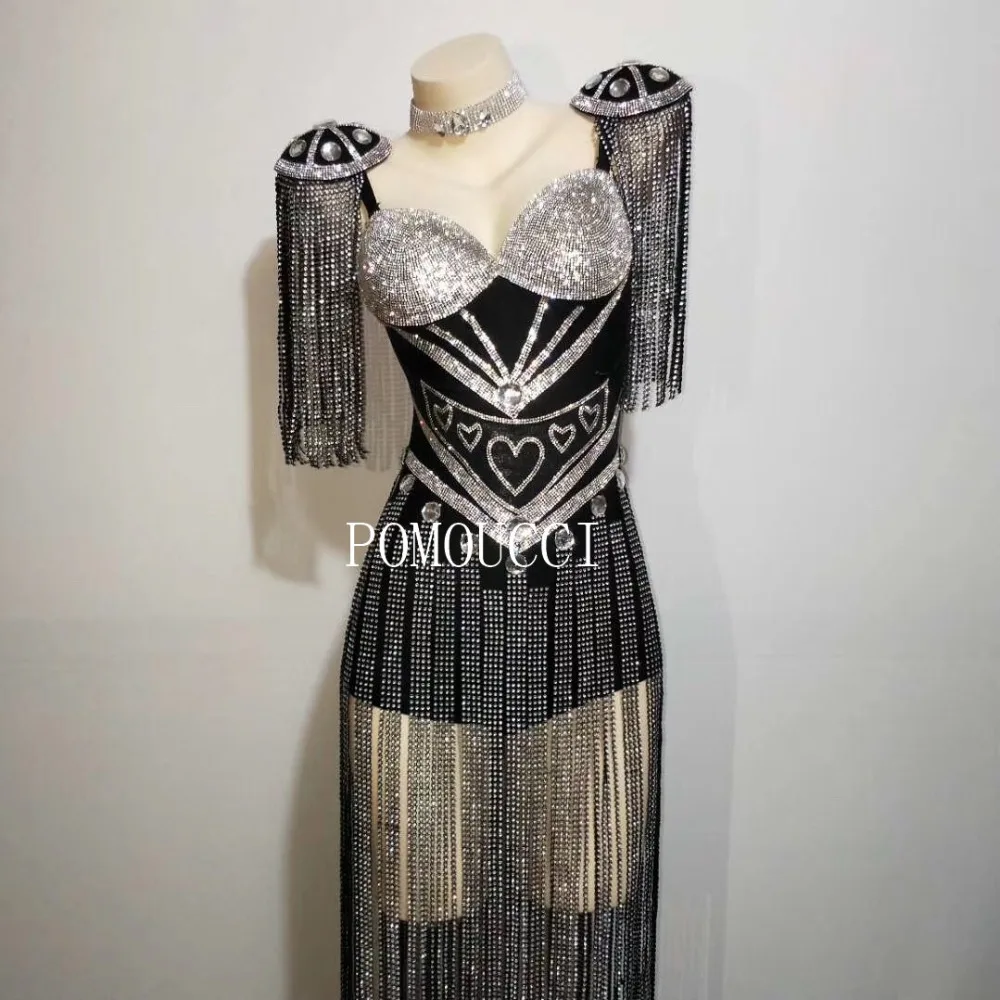 Women New Black White Crystals Epaulet Sexy Bodysuit Sparkly Tassel Outfit Women Celebrate Costume Stage Party Singer Dance Wear