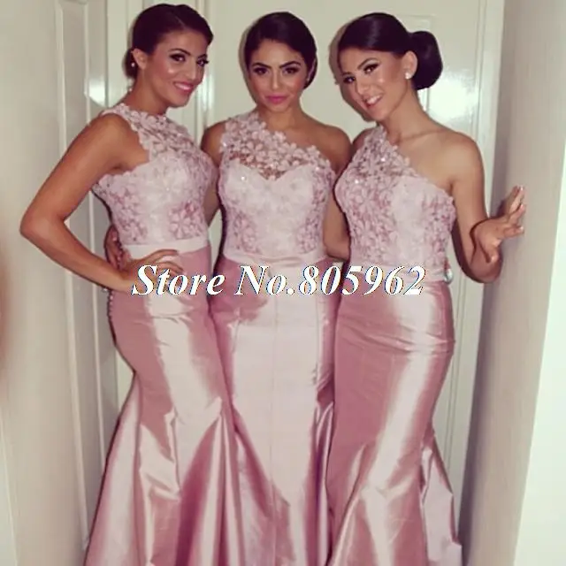 Розовый Русалка Невесты Платья для свадьбы Тафты Одно плечо Кружева Длина Пола