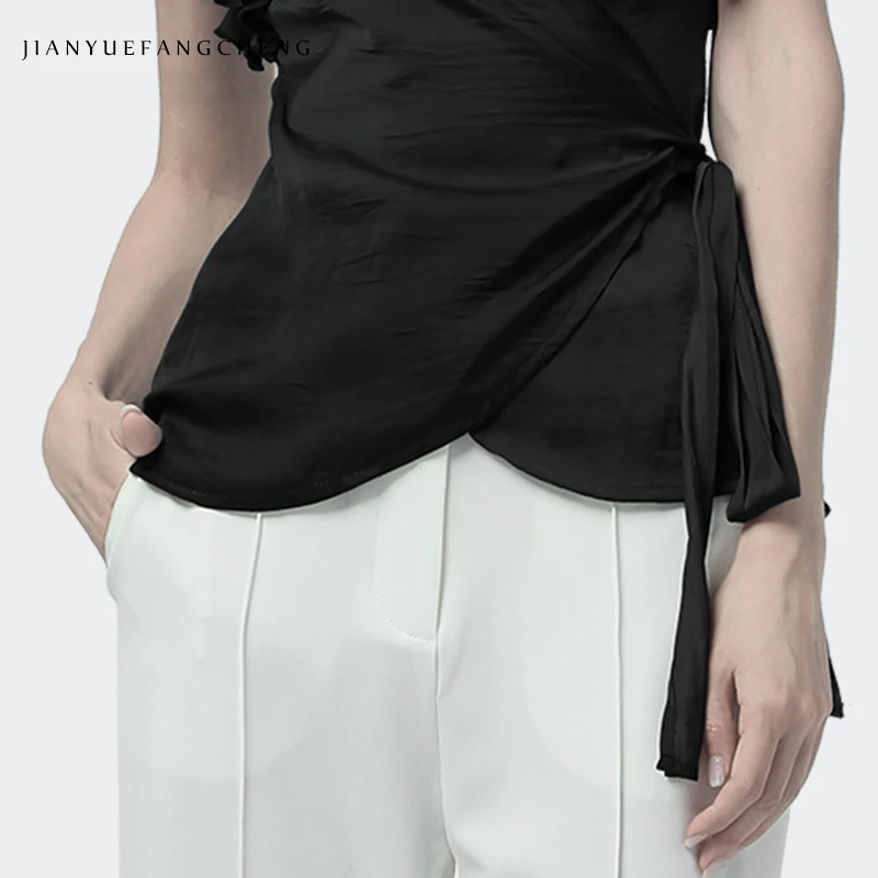 

100% Silk Blouse Women Tunic Tops With Belt Crossed Lace Up Summer Cardigan Short Sleeve Sexy V-Neck Slim Black Women' Shirt