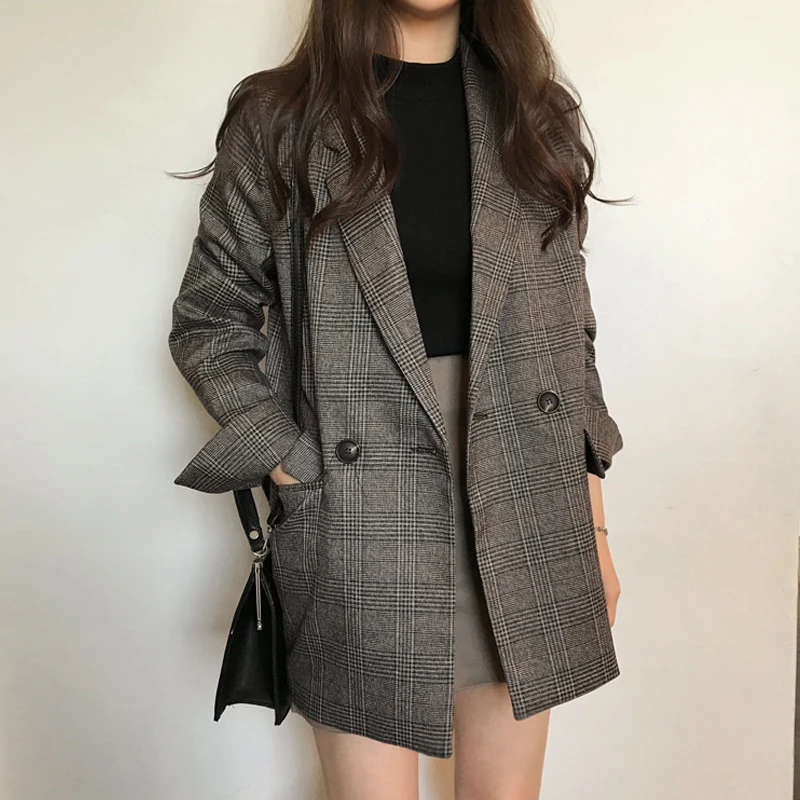 2021 Spring autumn Plaid Blazer Women double breasted Long Sleeve Suit Jacket Female Casual Coat |
