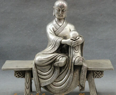 

decoration Tibet copper silver 8" Chinese Silver Buddhism Pray Arhat TangSeng Monk Statue Seat 3 Eye Buddha