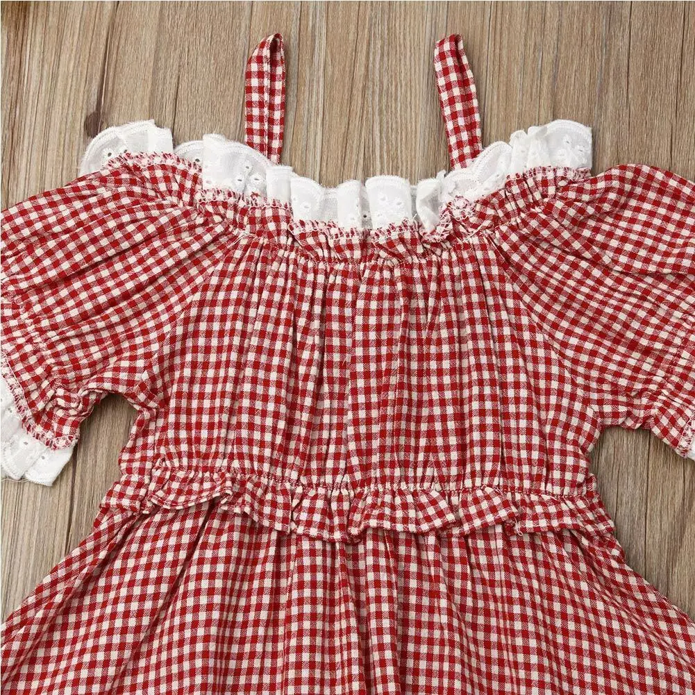 Клетчатое платье на бретельках с кружевной отделкой для маленьких девочек