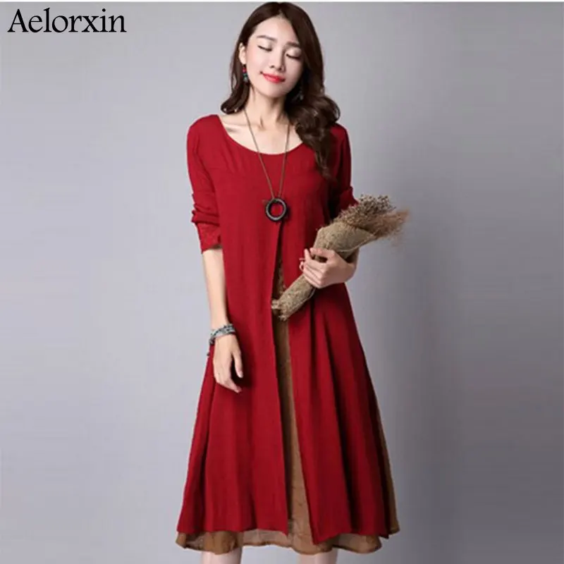 Женское платье с длинным рукавом свободное Хлопковое большого размера в