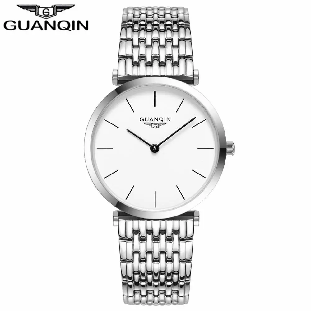 GUANQIN, женские часы, Роскошные, Топ бренд, часы, повседневные, модные, ультра тонкие, 6 мм, дизайн, золото, серебро, сталь, платье, кварцевые часы для девочек - Color: White Bar