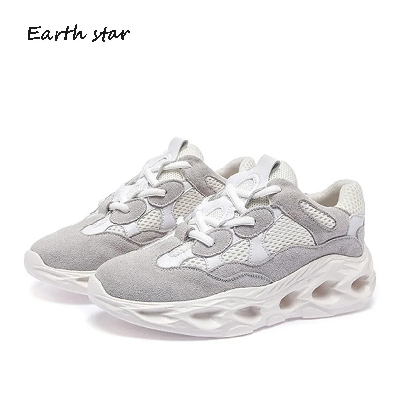 

EARTH STAR Shoes Women Brand Platform Sneaker Real Leather Fashion Lady chaussure Breathable Autumn footware Girl Flats Black