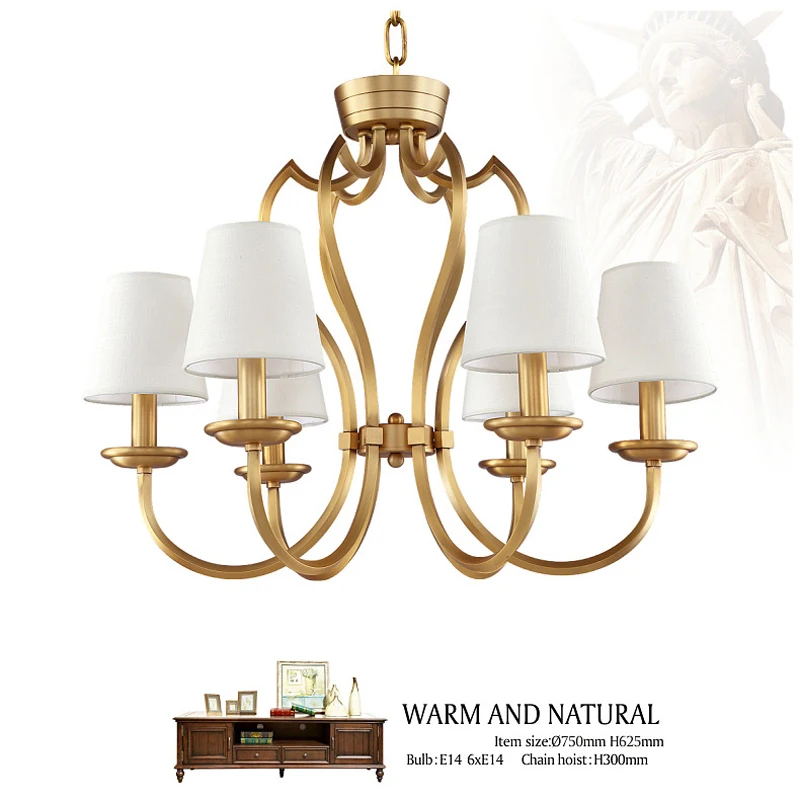 Винтажная медная люстра с 6 лампами тканевые оттенки Подвесная лампа для