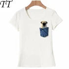 Футболка с Мопсом в кармане, летняя модная женская футболка, повседневные женские топы с забавной собакой, синие футболки с имитацией кармана, милые женские футболки