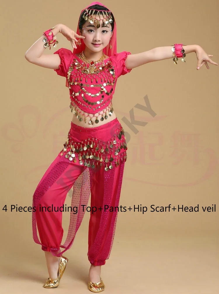 hot pink 4pcs Дети ребенок Восточный набор костюма для танца живота Восточные Танцевальные Костюмы Танец живота танцевальная одежда Индийский Болливуд девушка для взрослых - Цвет: hot pink 4pcs