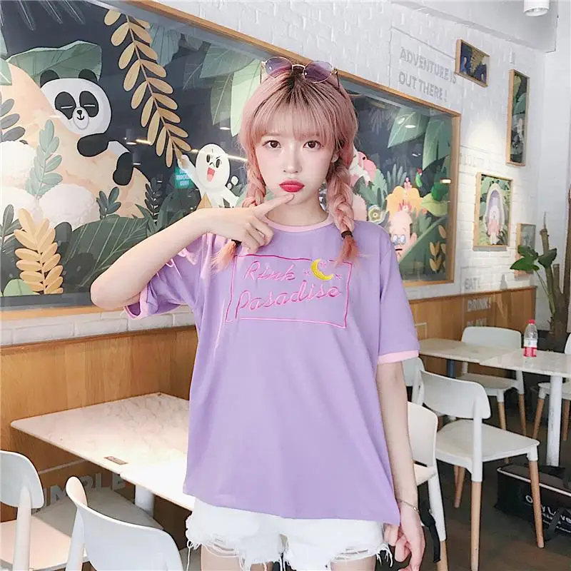 Kawaii/футболка с Луной, Южная Корея, ulzzang, Harajuku, японская, дикая, милая, сестренка, луна, вышивка, бой, Студенческая футболка для девочек