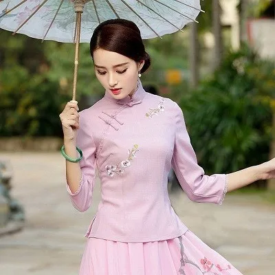 pink qipao top Sheng Coco, темно-синие рубашки, китайская винтажная одежда, топы Ципао с вышивкой и кружевом, льняные рубашки Cheongsam, китайский костюм - Цвет: pink qipao top