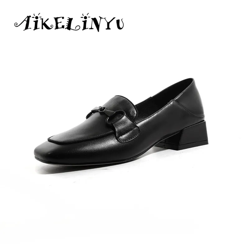 AAIKELINYU Новые женские туфли-лодочки коровья кожа мода металлической цепью удобные Обувь на квадратном каблуке, без шнуровки, на Повседневное ручной работы; женские туфли-лодочки