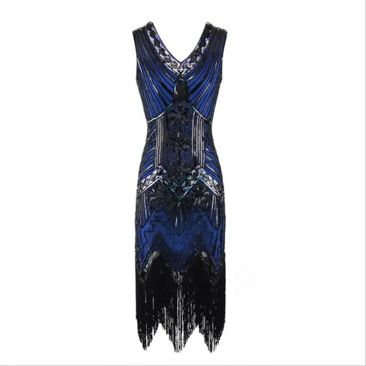 Black and Blue 1920s Винтаж Хлопушки Великий Гэтсби вечерние платье с v-образной горловиной, без рукавов, с блестками и бисером Стиль кисточка заслонки Vestidos Feminina 1920 - Цвет: Black and Blue