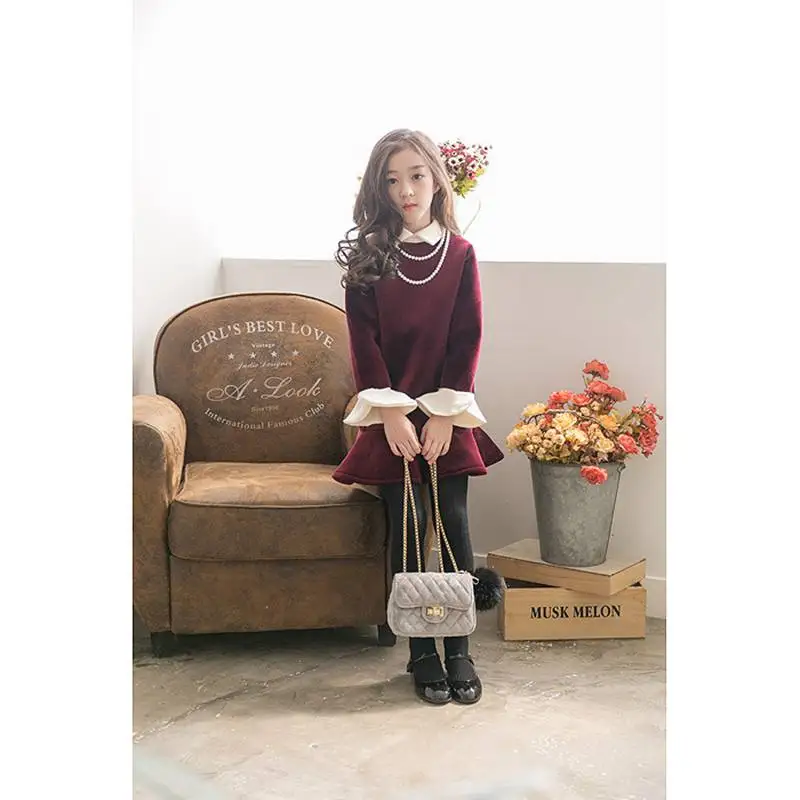 Autumn winter pompon dresses for girls flare sleeve design dress children patchwork clothing plus velvet thick kids wear 3-12Y | Детская