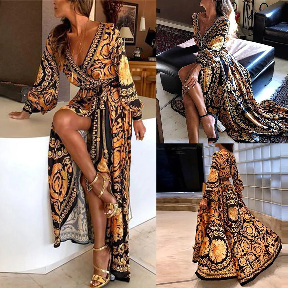 

2019 New Style Print Women Dress Sexy Boat Neck Glitter Fashion Deep V Neck 1 Women Dress Formal Long Dress Sexy Clubwear