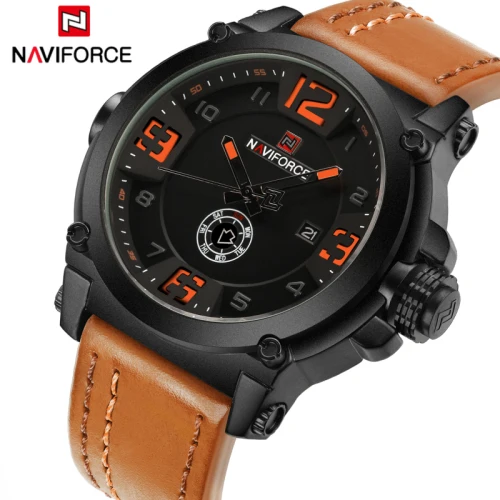 NAVIFORCE 9099 мужские часы Топ бренд класса люкс спортивные кварцевые часы с кожаным ремешком Мужские Водонепроницаемые наручные часы Relogio Masculino - Цвет: Orange